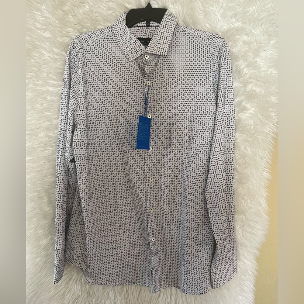 Bugatchi NWT Men’s OoohCotton Tech 8 Way Stretch Platinum Long Sleeve Shirt-L